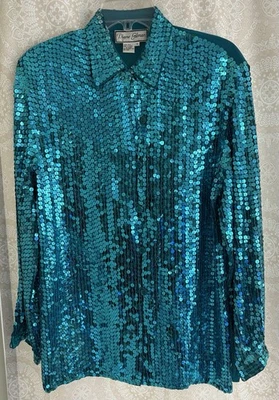 Blusa Diane Gilman verde azulado aguamarina 100 % seda lentejuelas talla pequeña Foto 1 de 4