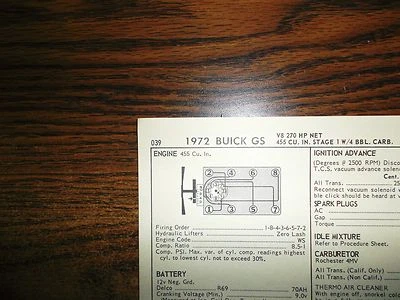 Buick GS 1972 Serie Etapa 1 270 HP 455 V8 4BBL SOL Gráfico de puesta a punto ¡Gran forma! Foto 1 de 4