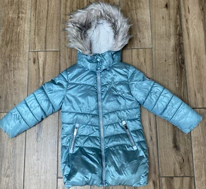Next Girls Green Silver Long Padded Winter Coat Parka Faux Fur Trim Hood 5 Years - Picture 1 of 7