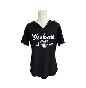 Justice Black Hooded Short Sleeve Graphic T-Shirt "Weekend I Love You" Size 20 - Picture 1 of 8