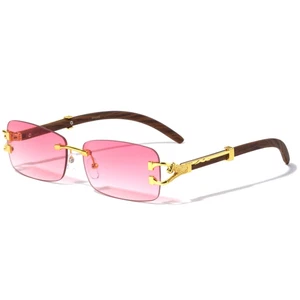 Rimless Sunglasses Pink Lens Gold Wood Grain Frame Fashion Hip Hop Street Trendy - Picture 1 of 5