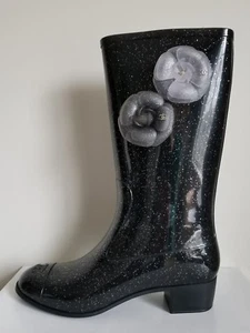 RARE CHANEL CAMELLIA CC LOGO GLITTER RAIN BOOTS EU 40 I LOVE SHOES OMG - Picture 1 of 8