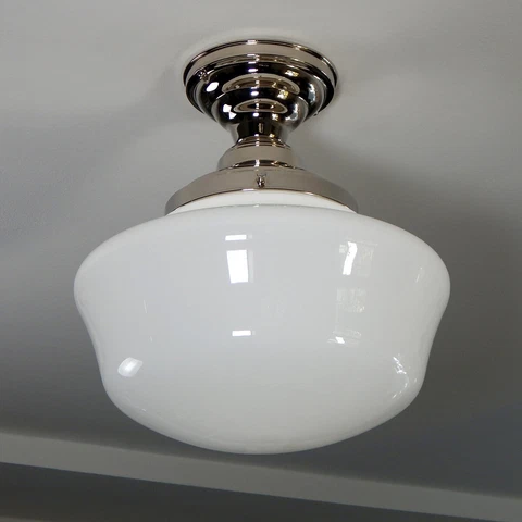 Semi-Flush Schoolhouse Ceiling Light. Large Vintage Opal Glass Shade New Nickel Cover