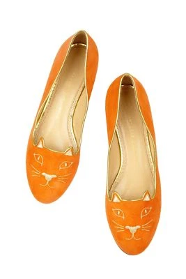 Charlotte Olympia's Veuve Clicquot Collection Capri Cats Orange Velvet flats. - Image 1 of 4