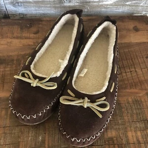LL Bean Mocasines Zapatillas Mujer 8 Marrón Gamuza Sherpa Forrado Sin Cordones *LEER* - Imagen 1 de 8