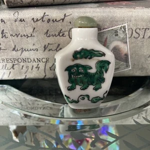 Antique Chinese Snuff Bottle  Porcelain painted foo dog Lion Jade Lid - Picture 1 of 14
