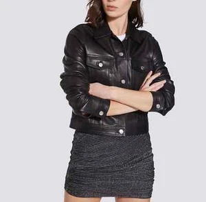 Women's Black Leather Jacket Genuine Lambskin Bomber Leather Trucker Jacket-158 - Picture 1 of 7