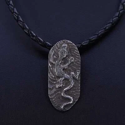 16», винтажный серебро 925 сплетенный кожаная цепочка ожерелье ящерица подвеска - Изображение 1 из 4