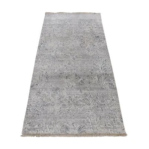 2'7"x5'10" Gray Hand Knotted Damask Design Wool and Silk Runner Rug G78042 - Picture 1 of 6
