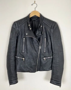 ZARA BLACK MOTO JACKET Faux Leather Pleather Imitation Zipper Motorcycle Sz XS S - Picture 1 of 10