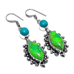 Copper Green Turquoise Gemstone 925 Sterling Silver Earring 2.3" D035 - Picture 1 of 7