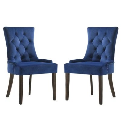 Velvet Dining Chairs (Set of 2), Blue & Oak - Image 1 of 4