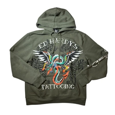 Ed Hardy Dragon Tiger Tattoing Sudadera con Capucha Verde Para Hombre Grande Foto 1 de 4
