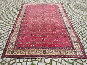 Turkish Area Rug 6x9 Vintage Pink Floral Rug Wool Worn Fade Antique Decor Carpet