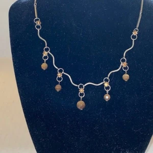 Silver Tone Choker Necklace With Dangling Charm Bronze Colored Rhinestones - Picture 1 of 3