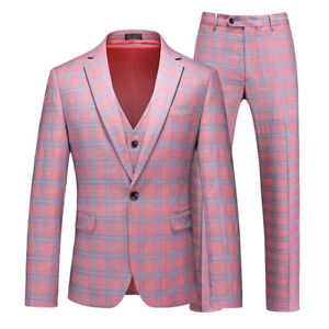 Mens 3PCS Slim Plaid Suit British One Button Business Casual Coats Wedding M-6XL