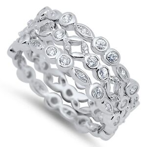 Sterling Silver 925 STACKABLE ETERNITY CLEAR CZ THREE RINGS SET 3MM SIZES 5-11**