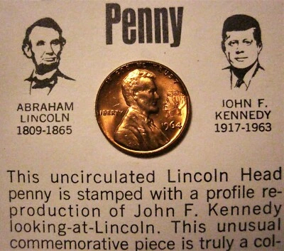 Red Unc 1964 Lincoln Kennedy Penny Astonishing Coincidences JFK Cent Card RD - Image 1 of 4