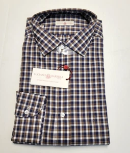 $345 New LUCIANO BARBERA Plaid Check Cotton Sport Shirt Men XL X-LARGE Blue Tan - Picture 1 of 6