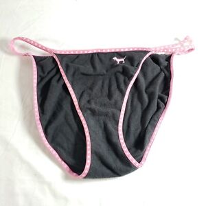 Victoria's Secret PINK Double String Bikini Medium Cotton Blend Black Pink Dots