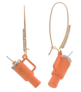 Betsey Johnson Orange Stanley Style Tumbler Cup Gems Drop Earrings NIB - Picture 1 of 2