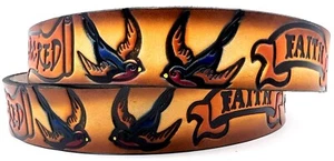 FAITH SACRED DOVES EMBOSSED MOTORCYCLE COWHIDE LEATHER BELT SIZE 26-48 USA MADE - Picture 1 of 3