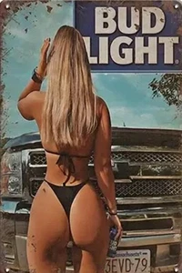 BUD LIGHT PIN-UP METAL TIN SIGN BEER BAR ART MAN CAVE SEXY GIRL IN THONG BIKINI - Picture 1 of 1