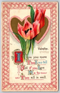 Postcard Valentine Greetings Tulips Gold Hearts Fancy Drop Capital 377 1912 - Imagen 1 de 2