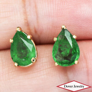 Estate 2.90ct Emerald 14K Gold Pear Shaped Stud Earrings NR
