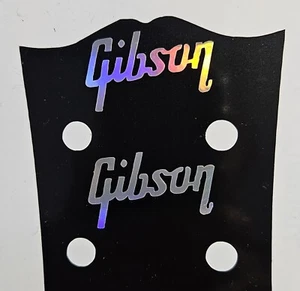 2 Guitar Headstock Gibson Logos,  Vinyl Decal,  SILVER, Holographic Rainbow  - Picture 1 of 3