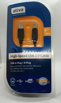 Ativa High-Speed USB 2.0 A Plug To B Plug A/B Cable 6ft Long New - Image 1 of 2