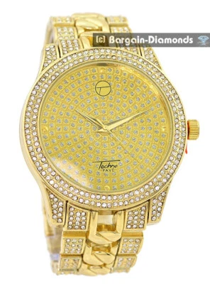 Reloj de pulsera para hombre tono dorado con bisel de circonita cúbica esfera dorada/manos eslabones de circonita cúbica de hasta 8" Foto 1 de 4