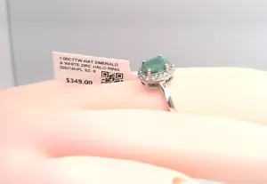 $349- GENUINE NATURAL EMERALD & WHITE ZIRCON HALO ENGAGEMENT RING -14KPL/925 sz8 - Picture 1 of 14