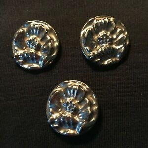 Antique #3 LARGE Textured Glass Floral Shank Buttons Silvertone Metallic Coat 