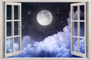 Full Moon Night 3D Window View Decal WALL STICKER Home Decor Art Mural Stars - Picture 1 of 1