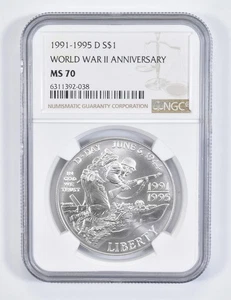 MS70 1991-1995 D WWII 1993 Commemorative Silver Dollar NGC *5313 - Picture 1 of 5