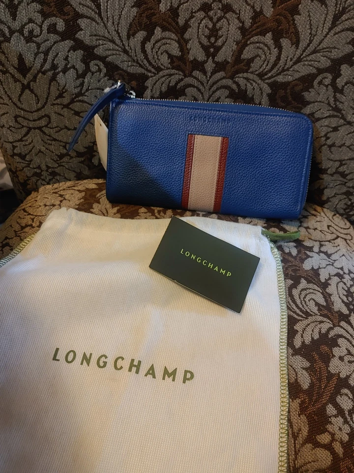 Cartera de cuero genuina Longchamp con cremallera en cuarto de cuarto azul zafiro tostado rojo a rayas nueva Foto 1 de 4