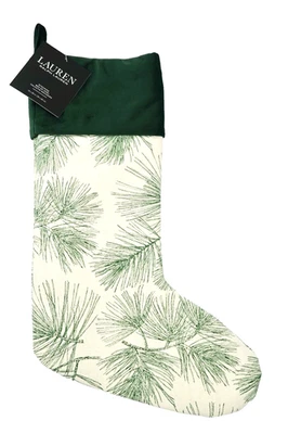 Ralph Lauren Christmas Stocking Cream w/ Green Cuff Pine Sprigs 10 x 20 Washable - Image 1 of 4