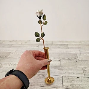 Vintage Mid Century Modern Ted Arnold Metal Desk Rose Flower Vase 10" Gold White - Picture 1 of 11