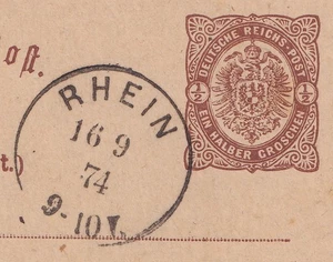 75472) RHEIN Ostpreußen nachverwendeter Stempel 1874 Antwortkarte n. Königsberg - Picture 1 of 3