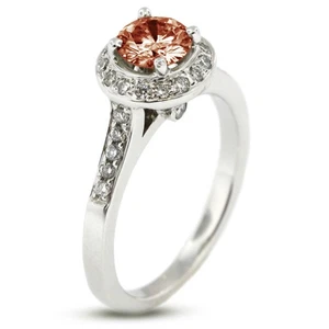 1.17ct Red SI1 Round Natural Certified Diamonds 14k Gold Halo Side Stone Ring - Picture 1 of 11