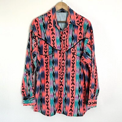 Vintage Neon Pink Teal Cowboy Brushpopper Shirt Loud Aztec Western - Image 1 of 4