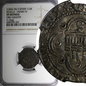 SPAIN Henry IV (1454-1474) Silver 1/2 Real Seville NGC VF DETAILS Toned  (003) - Picture 1 of 5