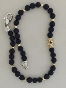 Cross Bracelet with Black Onyx and Natural Diamond Stones 14kt Gold and Silver - Picture 1 of 3