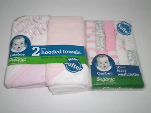 Gerber Organic Hooded Towels and Terry Washcloths Pink White Gray - Picture 1 of 2