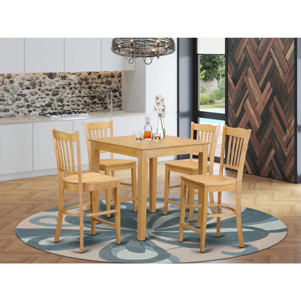 East West Furniture Wood 5-Piece Pub Table Set With Oak Finish PBGR5-OAK-W