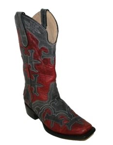 JB Dillon Womens Western Boots Sz 7.5 B Red Gray Goat Skin Leather Square Toe - Picture 1 of 12