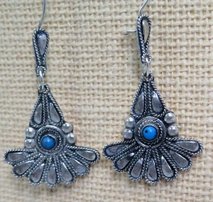 Vintage Signed Sterling Silver Turquoise Fan Medallions Dangle Earrings 13.9 g - Imagen 1 de 5