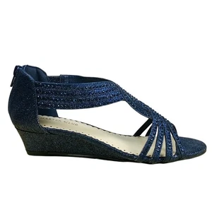 Charter Club Ginifur Navy Glitter Rhinestone Strappy Low Wedge Sandals Size 5.5 - Picture 1 of 7
