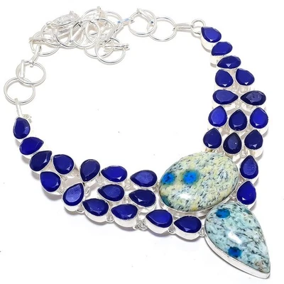 K2 Azzurrite, Blu Giada Gemma Fatto a Mano 925 Argento Sterling Gioielli Collana - Immagine 1 di 4